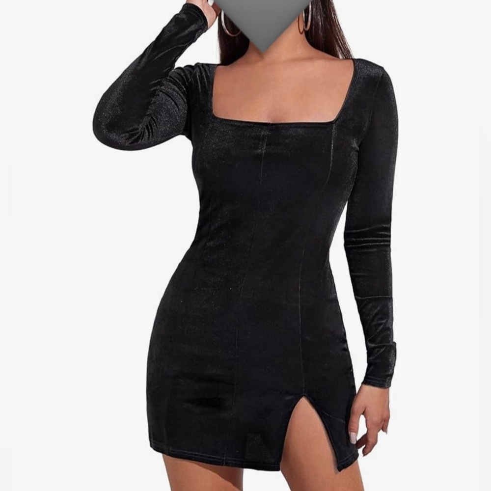 Black Velvet Square Neck Mini Dress (Size: M)